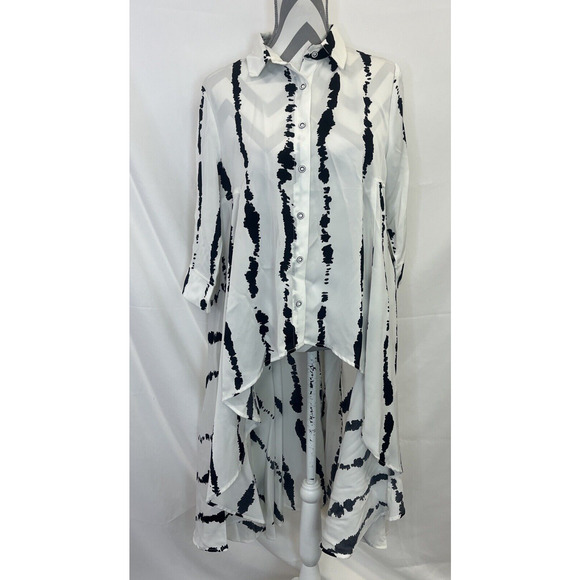 P Luca Tops - P Luca Milano Dropback Blouse High Low White & Black Spotted Stripes Medium FS